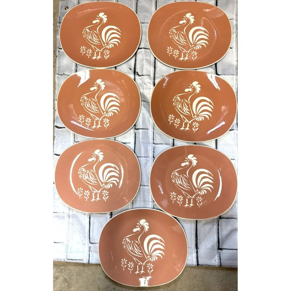 Harkerware Plates Platter Charger Pink Peach Rooster Design 16” Set Of 7 USA